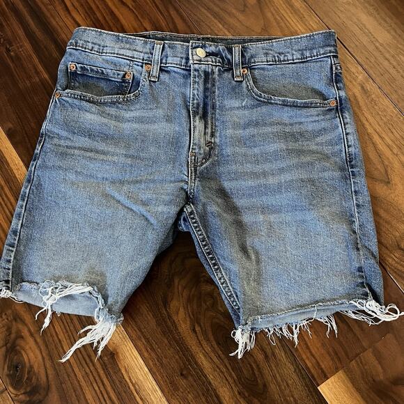 Levis 412 Slim Jean Shorts Blue Distressed Denim Raw Hem Size 34 - Picture 1 of 13